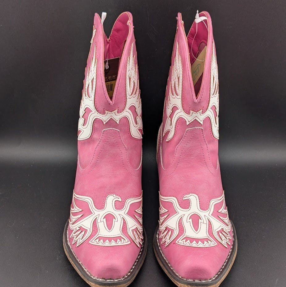 Roper Women's Sz 7 Pink "Amelia" ~ Tooled Inlay Snip Toe Casual Cowboy Booties Roper