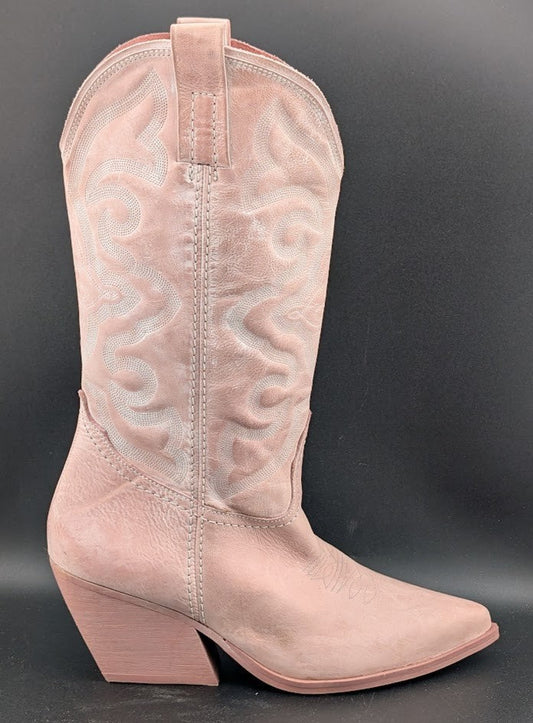 Steve Madden W8.5 West Pink Leather Pull On Pointed Toe Block Heel Western Boot Steve Madden
