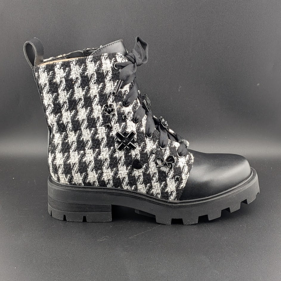 Karl Lagerfeld Paris Makenzie Tweed Combat Boots Size 5 Black/White $229 NEW Karl Lagerfeld