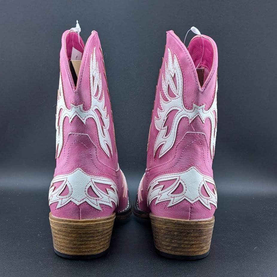 Roper Women's Sz 7 Pink "Amelia" ~ Tooled Inlay Snip Toe Casual Cowboy Booties Roper