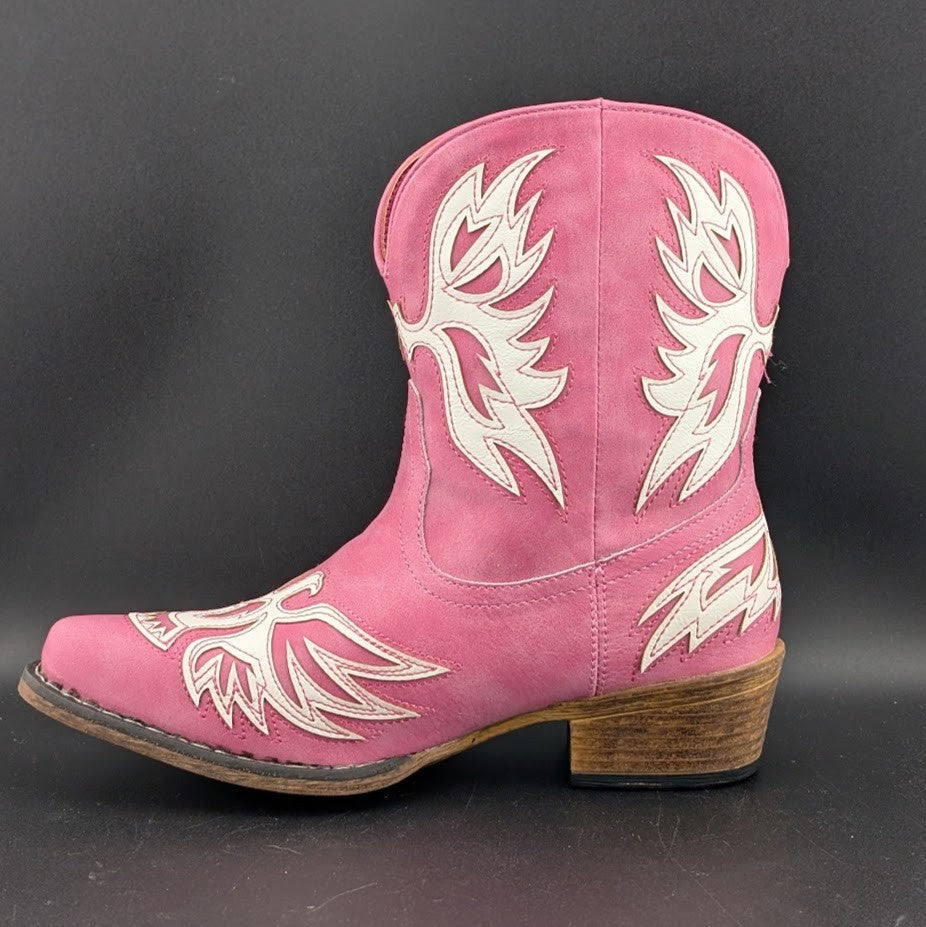 Roper Women's Sz 7 Pink "Amelia" ~ Tooled Inlay Snip Toe Casual Cowboy Booties Roper