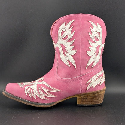 Roper Women's Sz 7 Pink "Amelia" ~ Tooled Inlay Snip Toe Casual Cowboy Booties Roper
