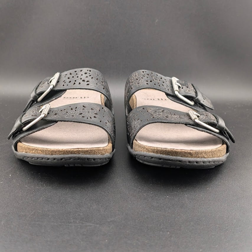 Earth Women's Sz 8.5 Sand Antigua Black Perforated Leather Buckle Comfort Sandal Earth