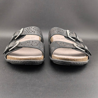 Earth Women's Sz 8.5 Sand Antigua Black Perforated Leather Buckle Comfort Sandal Earth