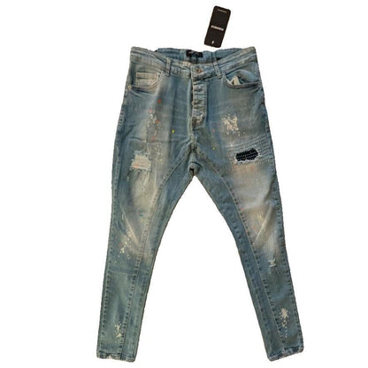 DenimHouse Light Blue Stretchy Custom Cotton Denim Distressed Skinny Jeans 33x32 Denim House