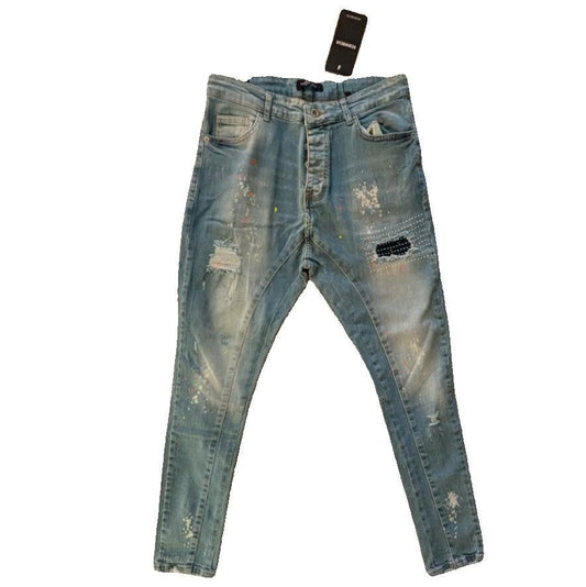 DenimHouse Light Blue Stretchy Custom Cotton Denim Distressed Skinny Jeans 33x32 Denim House