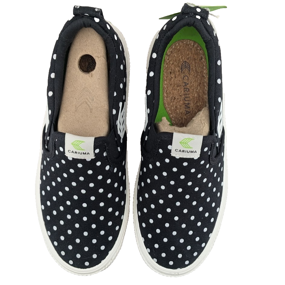 NEW Women's 5 / Kids 3.5 Cariuma Slip On Black Canvas White Polka Dot Sneaker Cariuma