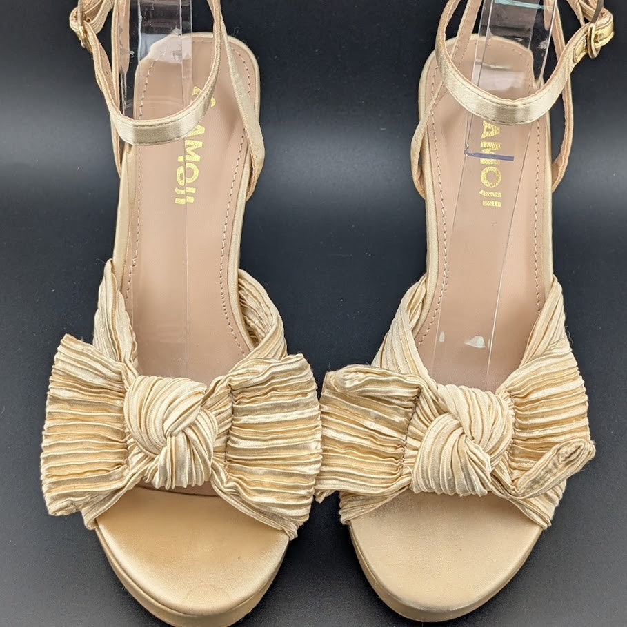 Womens Sz 36 Satin Bow Sandals Chunky Block Heel Open-Toe Platform Dress or Cas Amoji