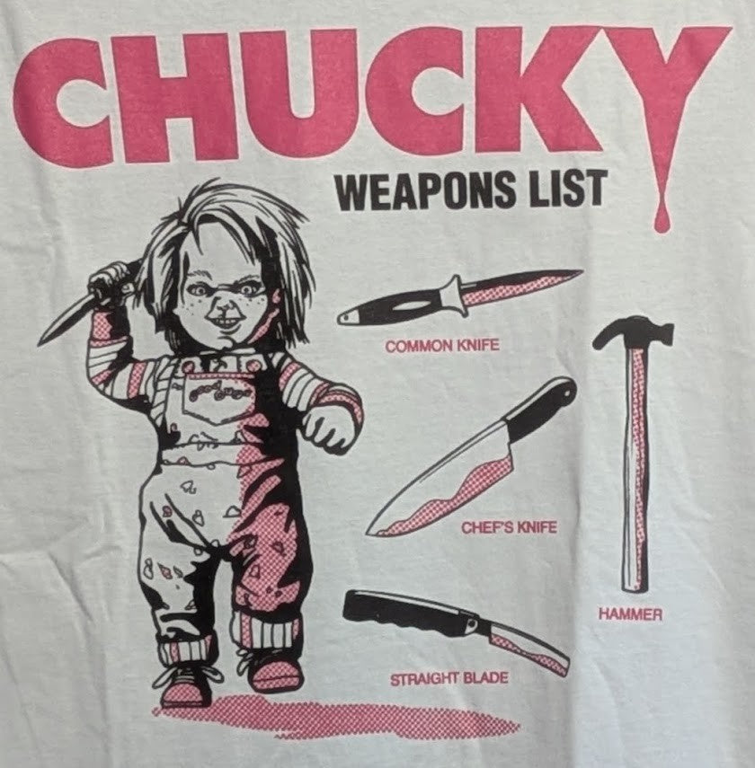 Official Universal Studios Chucky Weapons List TShirt Size M-White Long Sleeve Chucky