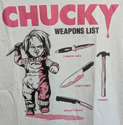 Official Universal Studios Chucky Weapons List TShirt Size M-White Long Sleeve Chucky