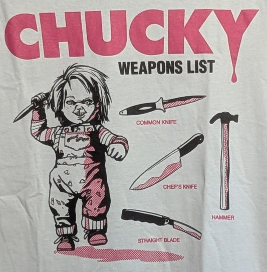 Official Universal Studios Chucky Weapons List TShirt Size M-White Long Sleeve Chucky