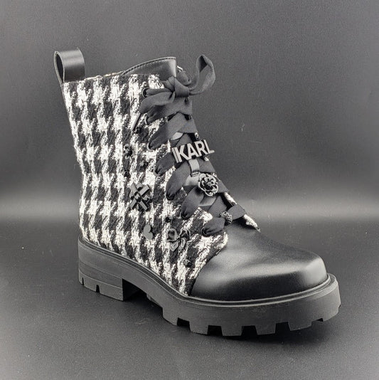 Karl Lagerfeld Paris Makenzie Tweed Combat Boots Size 5 Black/White $229 NEW Karl Lagerfeld