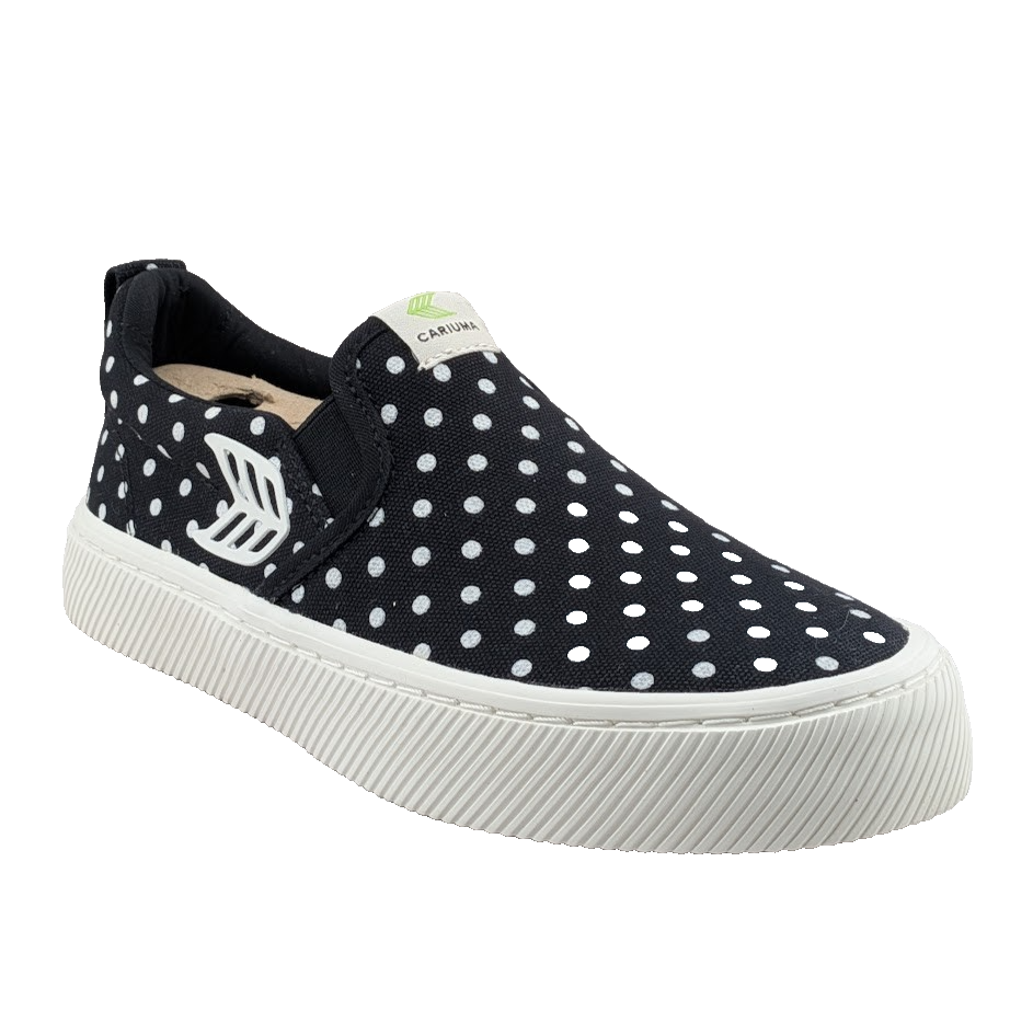 NEW Women's 5 / Kids 3.5 Cariuma Slip On Black Canvas White Polka Dot Sneaker Cariuma