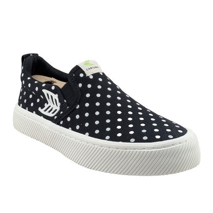 NEW Women's 5 / Kids 3.5 Cariuma Slip On Black Canvas White Polka Dot Sneaker Cariuma