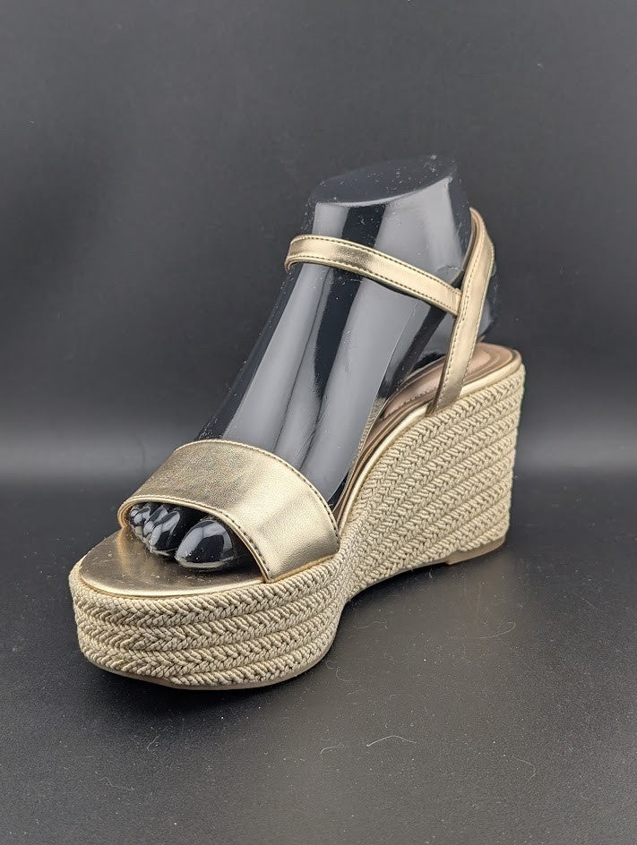 Kelly & Katie Sz 6.5  Hayden 3" Gold Metal'c Wedge Espadrille Sandals Memry Foam Kelly & Katie
