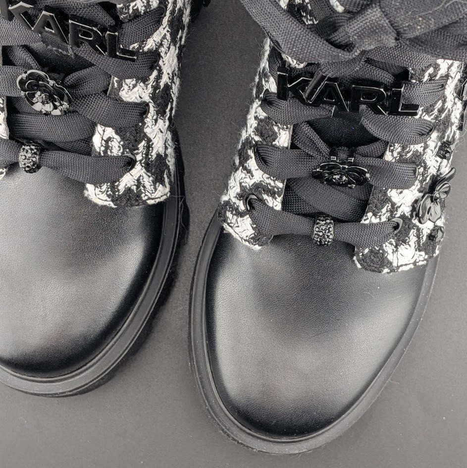 Karl Lagerfeld Paris Makenzie Tweed Combat Boots Size 5 Black/White $229 NEW Karl Lagerfeld
