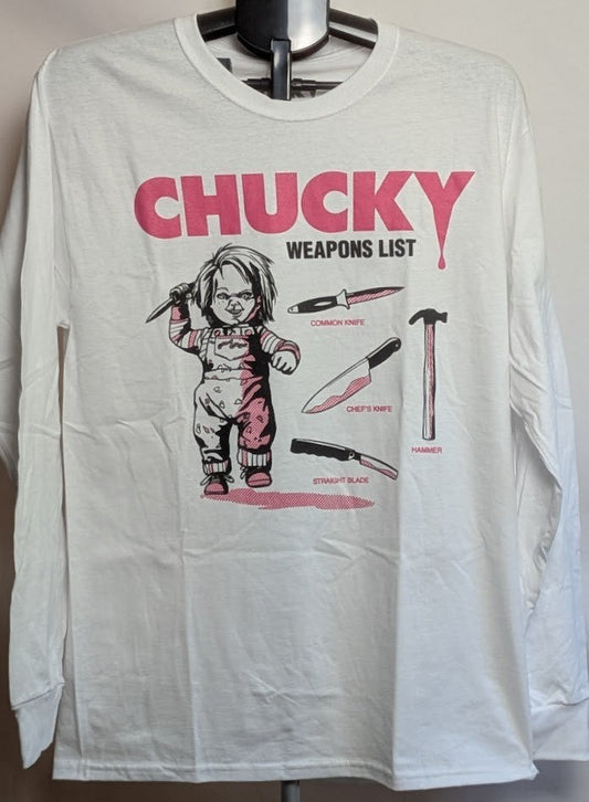 Official Universal Studios Chucky Weapons List TShirt Size M-White Long Sleeve Chucky