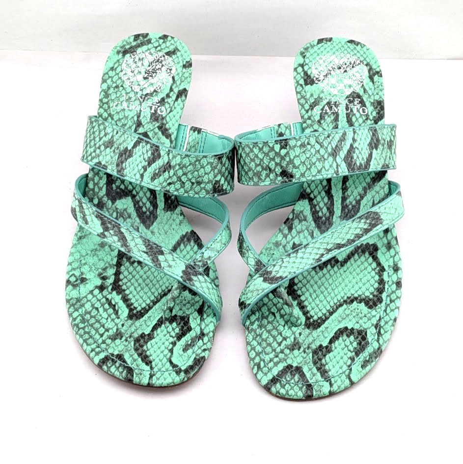 Vince Camuto Sandals Womens 7 M Moentha Green Snake Print Kitten Heel Shoes Vince Camuto