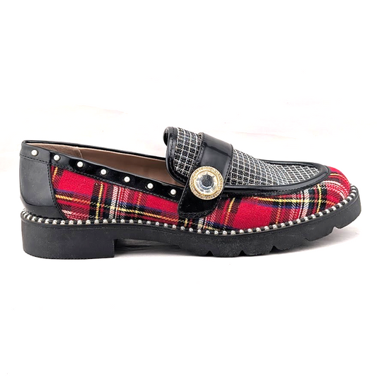 Women's Size 6.5~Betsey Johnson Mariam~Red Plaid & Rhinestone Embellished Loafer Betsey Johnson