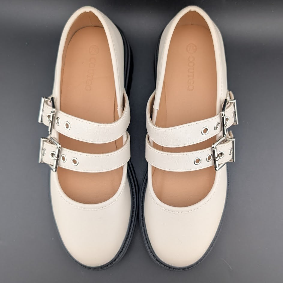 Coutgo Wmns Sz 7.5 Creamy Wht Platform Mary Jane Shoes 2-Strap Chunky Lug Heel Coutgo