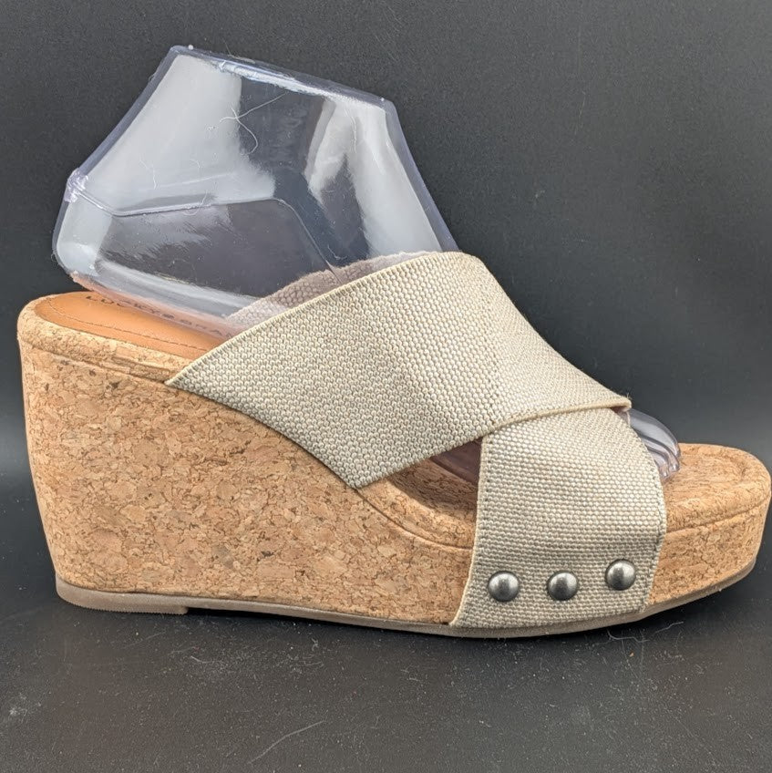 Lucky Brand Women's Size 8.5W Beige Platform Leather Wedge Heeled Sandals Lucky Brand