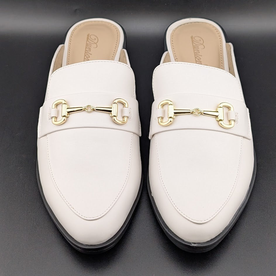 Dunion White Slip-On Mules Women's Size 7.5M Faux Leather Imperfect (See Notes) Dunion