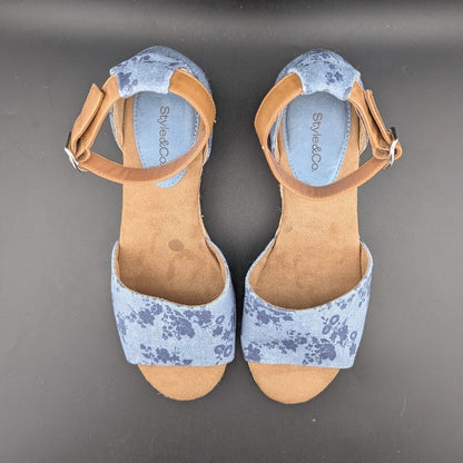 Style & Co. Women's Sz 9 Seleene Faux Denim Open Toe Wedge Sandals Blue Print Style&co.