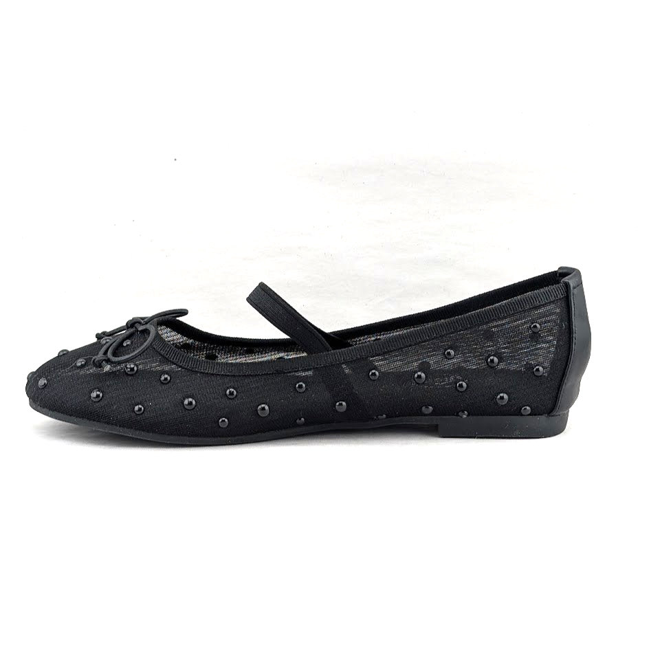Trary Women's Black Ballet Flats Size 6.5 Mesh and Bead Uppers, Elastic Strap Trary
