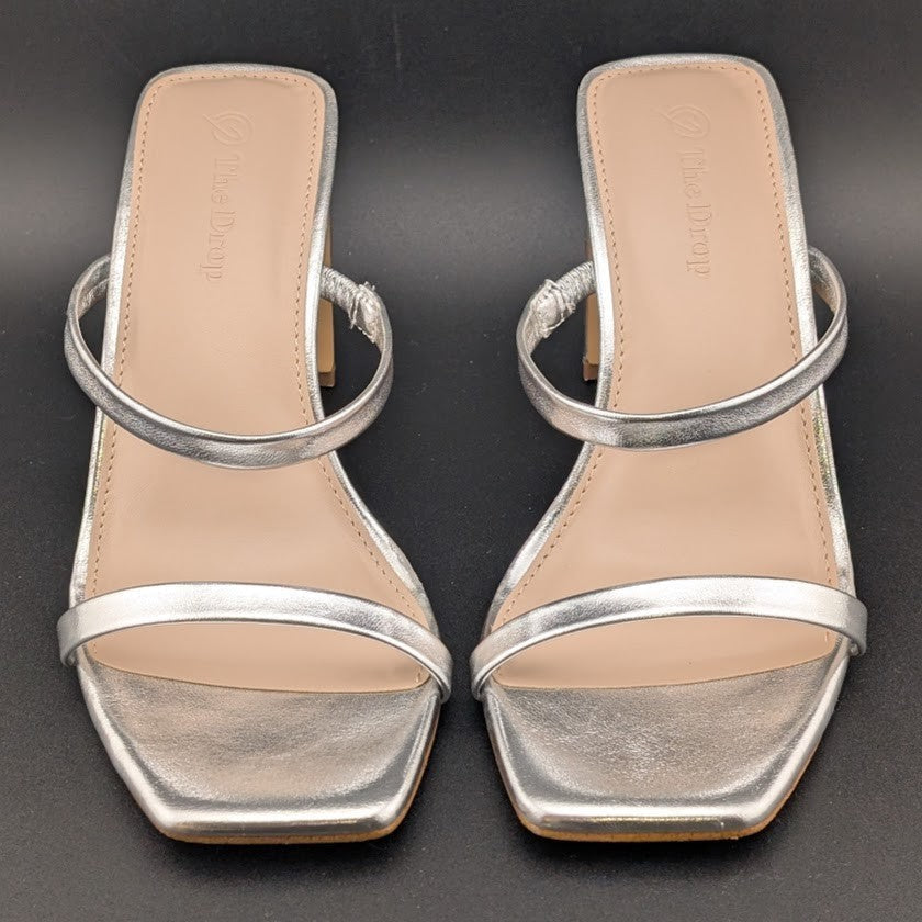 The Drop Sz 5 Avery Womens 3.5" Chunky Heel Silver Square Toe  Slide Sandals The Drop