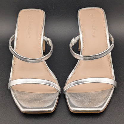 The Drop Sz 5 Avery Womens 3.5" Chunky Heel Silver Square Toe  Slide Sandals The Drop