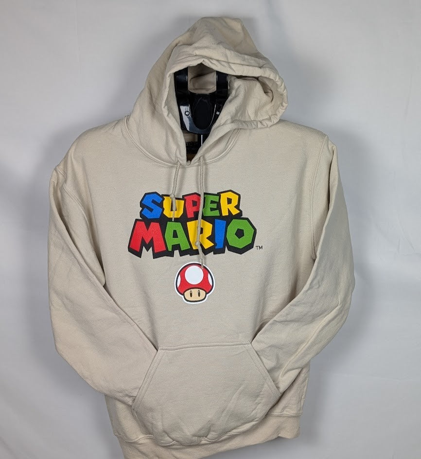 Super Mario Hoodie Men's Size SMALL Ivory Mushroom~Luigi Peach Mario Sweatshirt Super Mario