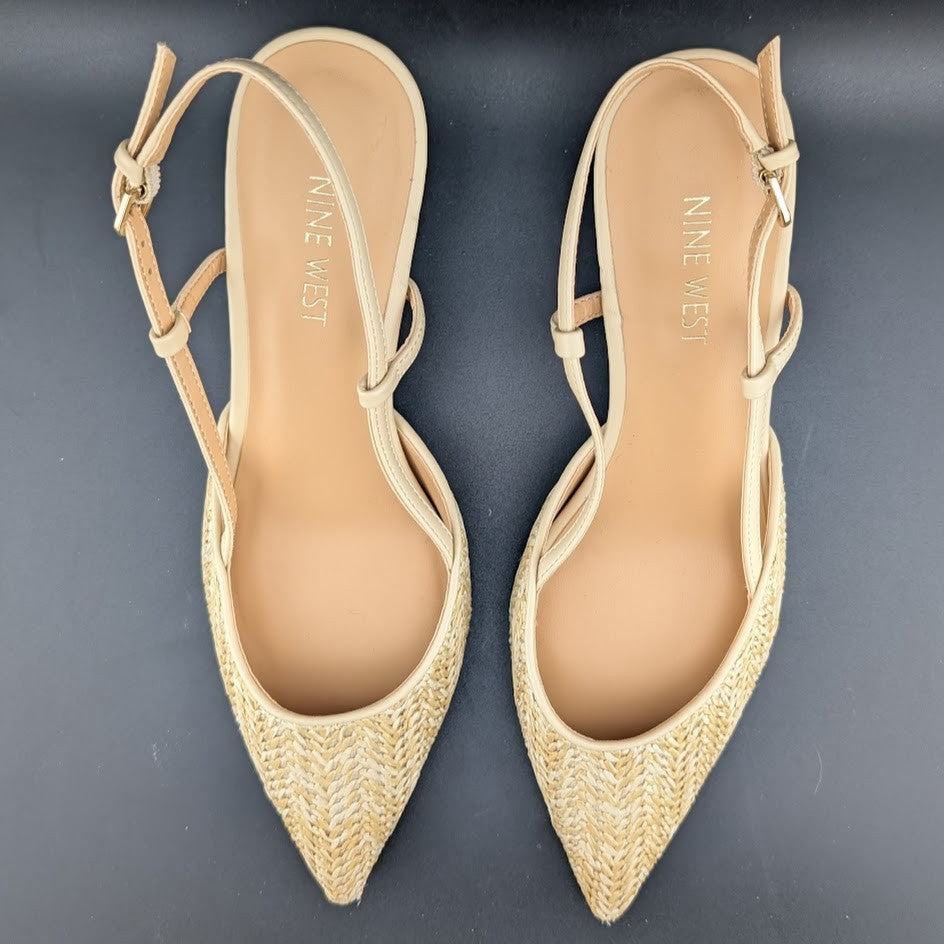 Nine West Rindy Woven Raffia Kitten Heel Pointed Toe Slingback Pump 8M Natural Nine West