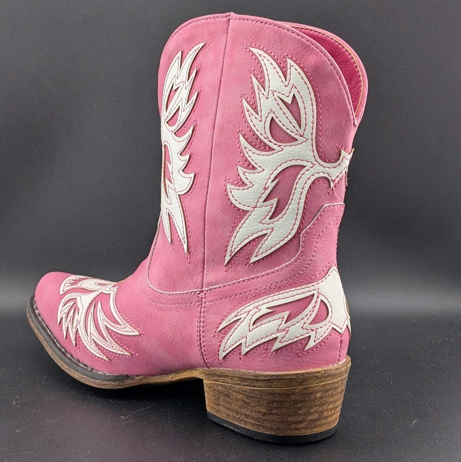 Roper Women's Sz 7 Pink "Amelia" ~ Tooled Inlay Snip Toe Casual Cowboy Booties Roper
