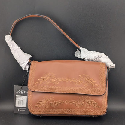 LODIS Bedford Embroidered Leather Bag w/ Two Straps~Chestnut NWT ~MSRP $128 LODIS