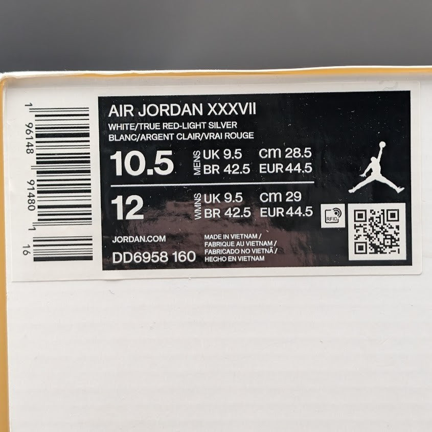 Nike Sz M10.5 Air Jordan XXXVII 37 'Hare' White White Red Basketball Shoe DD6958 Jordan
