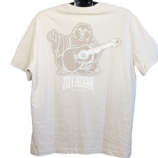 True Religion T Shirt Men's Size L or XL Beige Graphic Tee Tagless Buddha Guitar True Religion