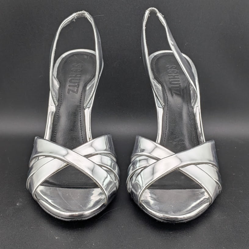 Schutz Size 6.5B*  Keefa Silver Slingback Leather 4" Heel Sandals NWOB MSRP $178 Schutz