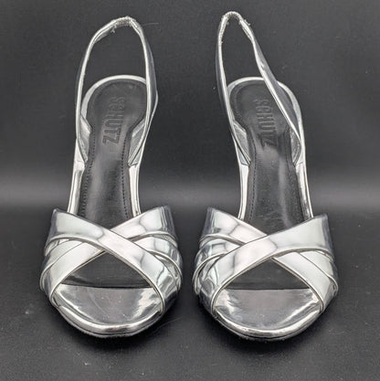 Schutz Size 6.5B*  Keefa Silver Slingback Leather 4" Heel Sandals NWOB MSRP $178 Schutz