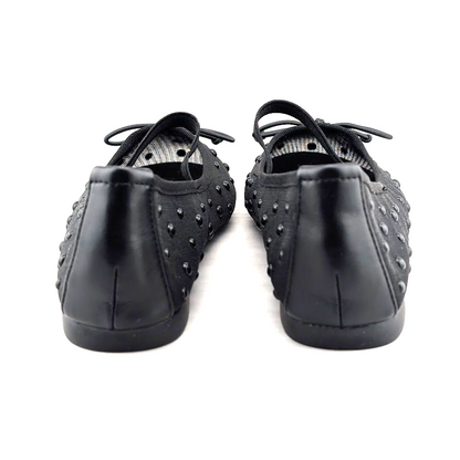 Trary Women's Black Ballet Flats Size 6.5 Mesh and Bead Uppers, Elastic Strap Trary