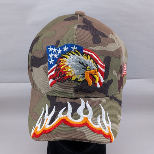 American Flag & Eagle Embroidered Flames Adjustable Hat ~ NEW~QUALITY USA