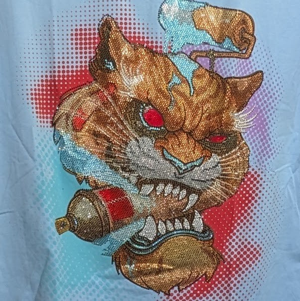 Tolga Kisa Men's Rhinestone Tiger Bomb T-Shirt Size M Lt Blue NWT Made in Turkey Tolga Kisa