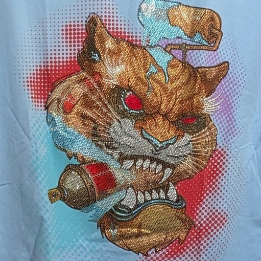 Tolga Kisa Men's Rhinestone Tiger Bomb T-Shirt Size M Lt Blue NWT Made in Turkey Tolga Kisa