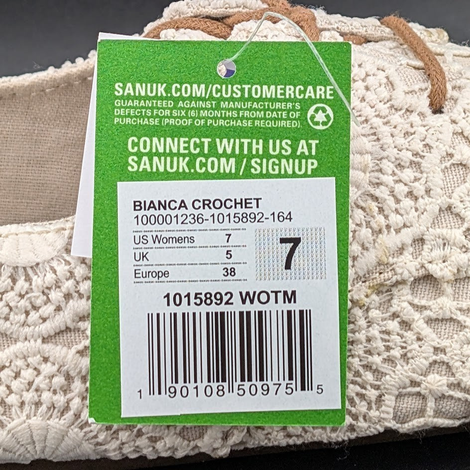 Sanuk Bianca Crochet Lace-Up  Womens White Flat Casuals 1015892-WOTM~MSRP $74.95 Sanuk