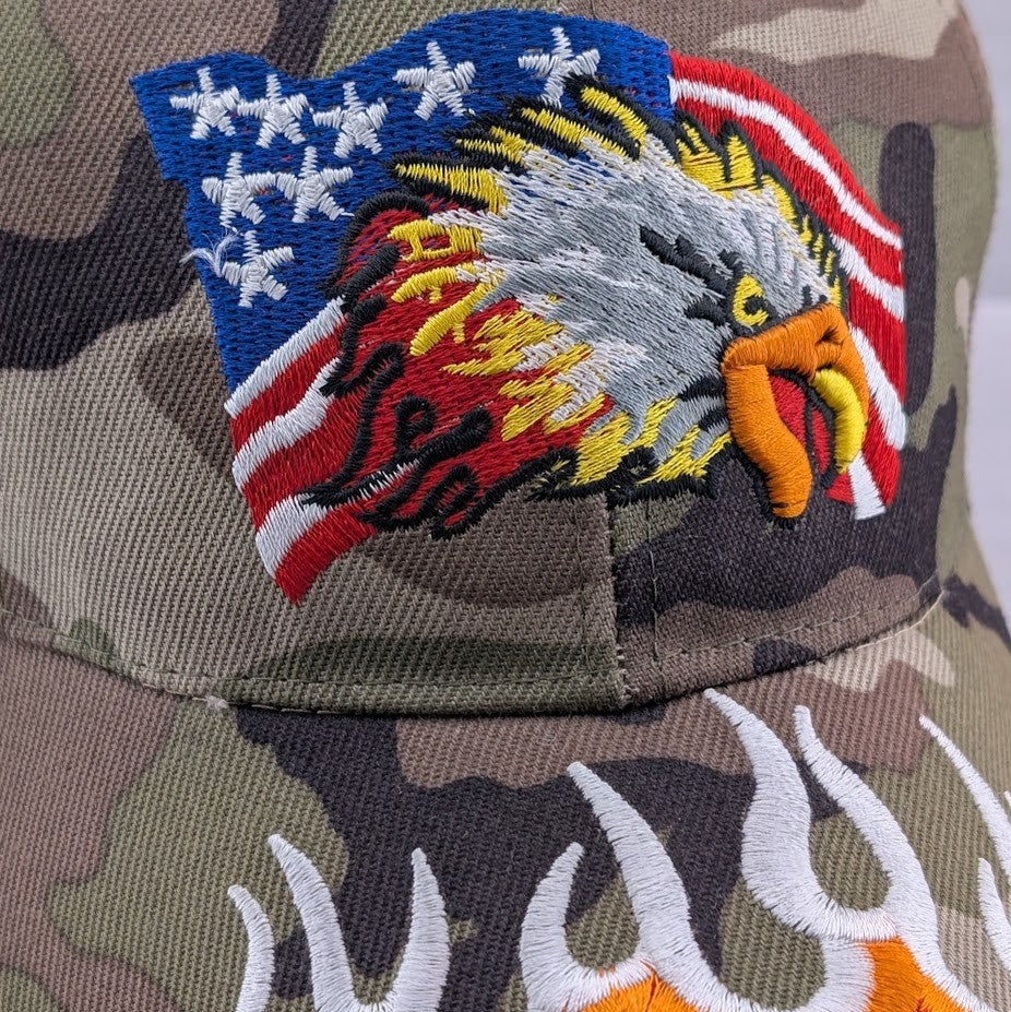 American Flag & Eagle Embroidered Flames Adjustable Hat ~ NEW~QUALITY USA