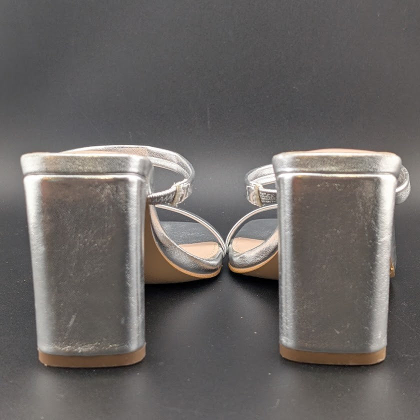 The Drop Sz 5 Avery Womens 3.5" Chunky Heel Silver Square Toe  Slide Sandals The Drop
