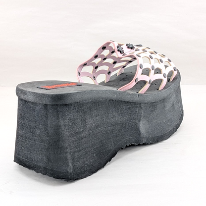 Funn Platform Goth Wo's Size 9 Web Sandals~Spiderweb Studs Slip On Pink Hologram Demonia