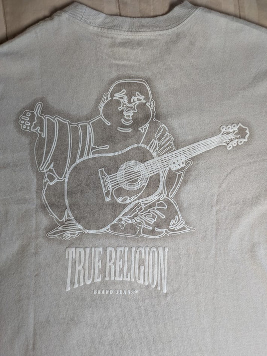 True Religion T Shirt Men's Size L or XL Beige Graphic Tee Tagless Buddha Guitar True Religion