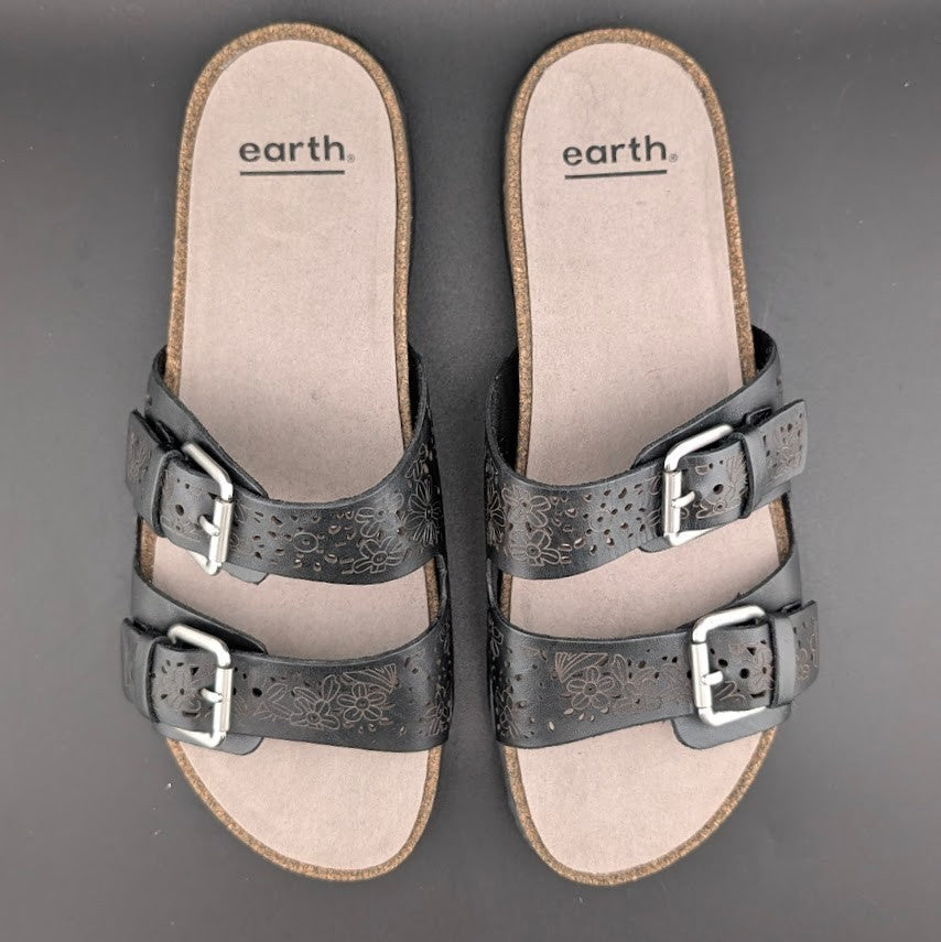 Earth Women's Sz 8.5 Sand Antigua Black Perforated Leather Buckle Comfort Sandal Earth