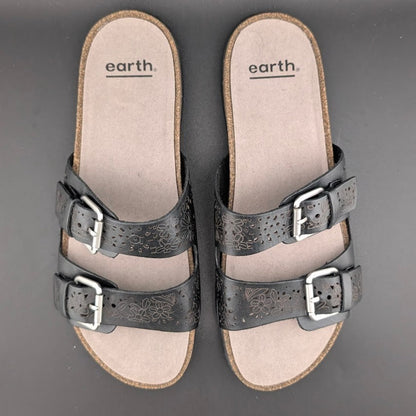 Earth Women's Sz 8.5 Sand Antigua Black Perforated Leather Buckle Comfort Sandal Earth