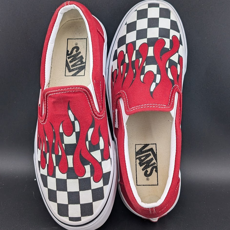 Vans Classic Slip-On Checkerboard Flame/Red Blood Drip Skate Shoes Men 6/Wmn 7.5 VANS